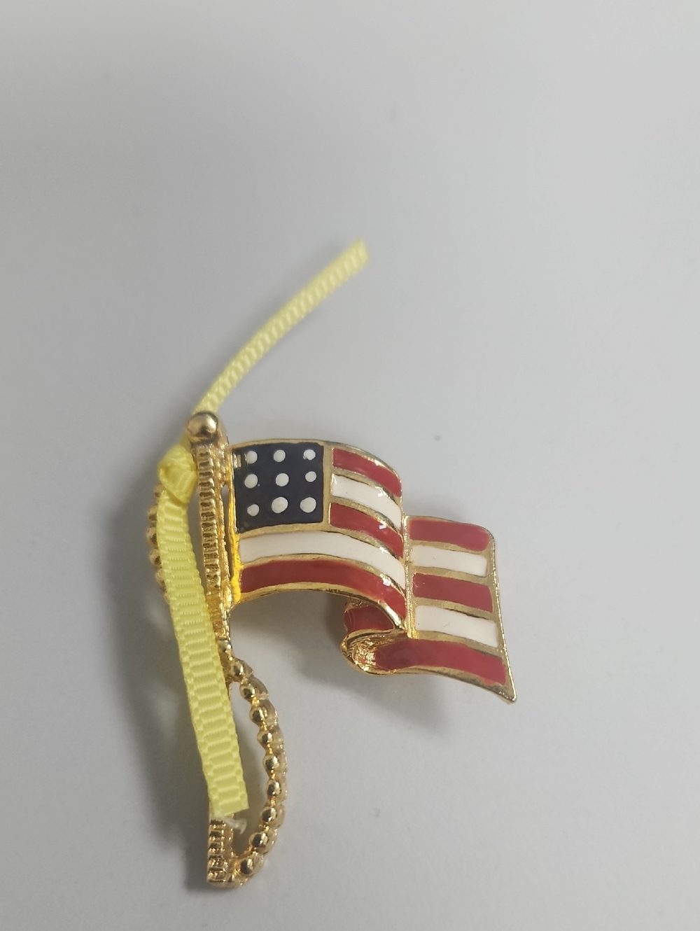 Gold-Tone American Flag Enamel Brooch with Yellow Ribbon